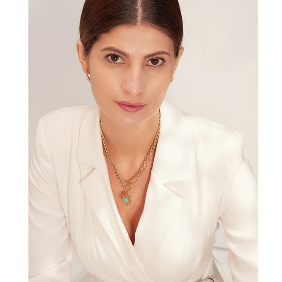 NEW 18K Gold Plated Turquoise Sun Circle Toggle Bar Link Chain Necklace - Picture 3 of 8